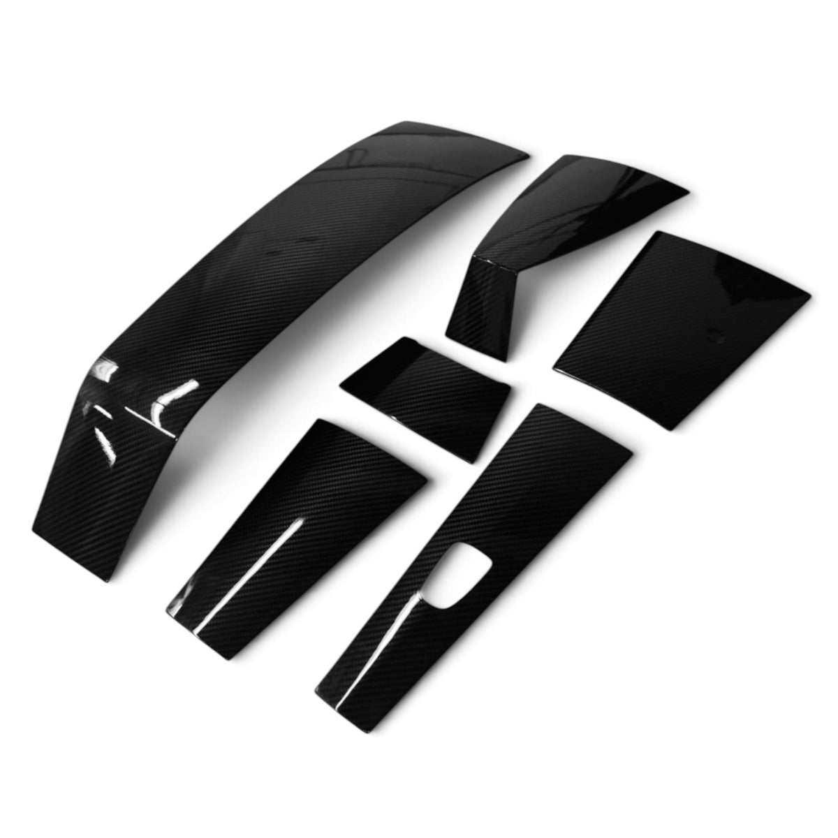 Six-piece Mercury Racing carbon cowling trim set with glossy carbon fiber weave, angled view